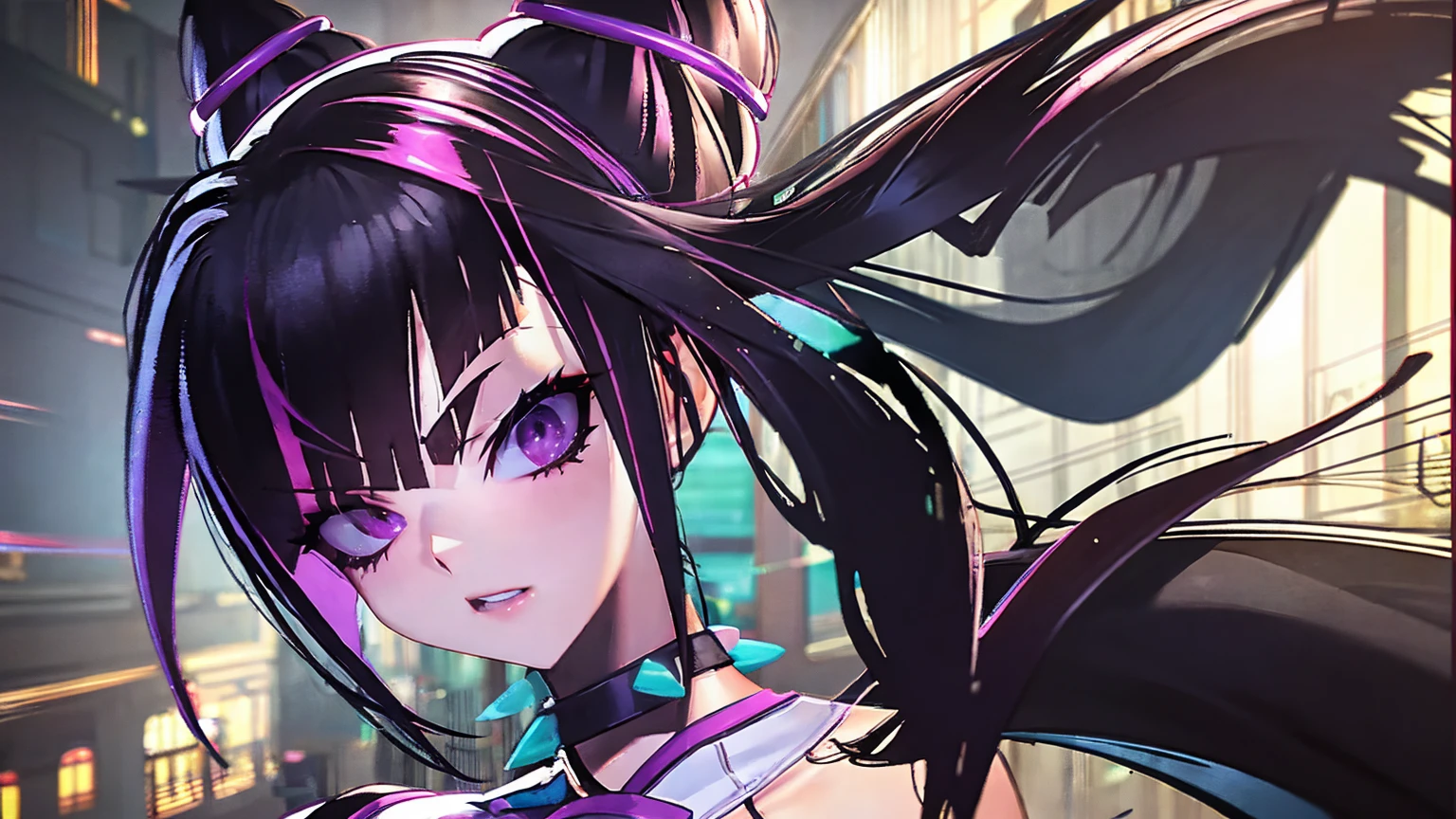 Create a high-resolution wallpaper of Juri Han from Street Fighter, set in a dynamic and intense fighting stance. She should have her iconic outfit: a tight, revealing purple and black bodysuit with pink highlights, fingerless gloves, and her distinctive pigtail hairstyle. The background should be a dimly lit urban alleyway with neon lights reflecting off wet pavement, giving a gritty, cyberpunk aesthetic. The atmosphere should feel tense and electrifying, with motion blur effects to emphasize her rapid movements. Use Octane Render to enhance the realism and detail, particularly focusing on the texture of her outfit, the shine of her hair, and the intensity in her eyes. Include elements like light rays and shadows to create depth and contrast. Ensure the image is 4K resolution for use as a desktop wallpaper.