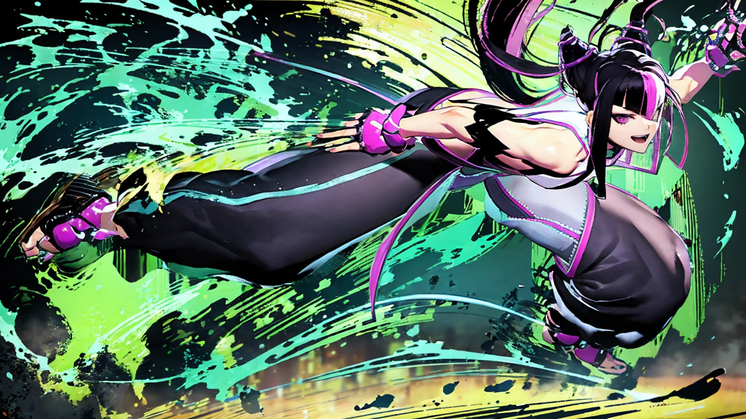 Create a high-resolution wallpaper of Juri Han from Street Fighter, set in a dynamic and intense fighting stance. She should have her iconic outfit: a tight, revealing purple and black bodysuit with pink highlights, fingerless gloves, and her distinctive pigtail hairstyle. The background should be a dimly lit urban alleyway with neon lights reflecting off wet pavement, giving a gritty, cyberpunk aesthetic. The atmosphere should feel tense and electrifying, with motion blur effects to emphasize her rapid movements. Use Octane Render to enhance the realism and detail, particularly focusing on the texture of her outfit, the shine of her hair, and the intensity in her eyes. Include elements like light rays and shadows to create depth and contrast. Ensure the image is 4K resolution for use as a desktop wallpaper.