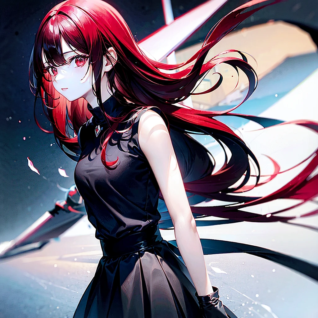 1 girl, long red hair, sword behind my back, long black skirt