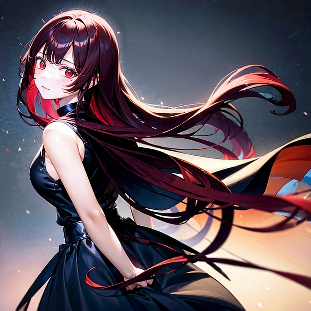 1 girl, long red hair, sword behind my back, long black skirt