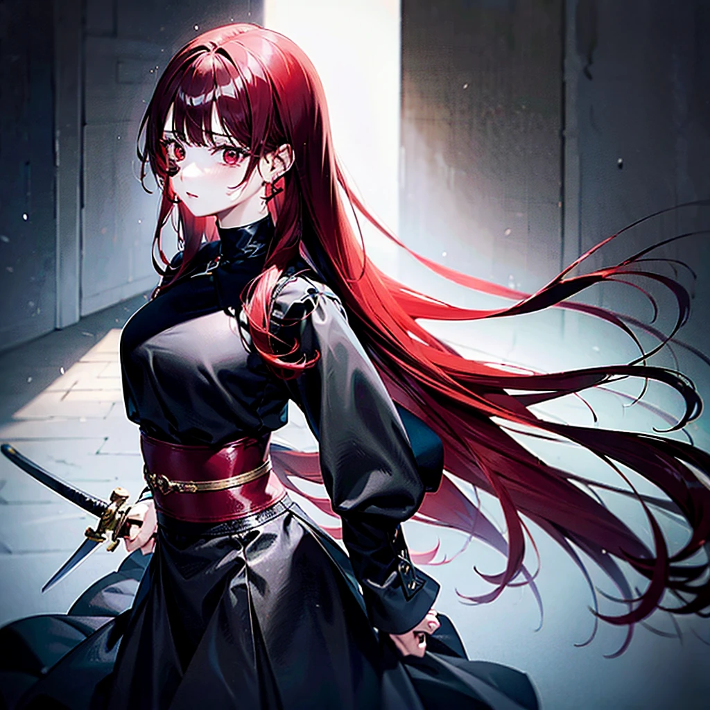 1 girl, long red hair, sword behind my back, long black skirt