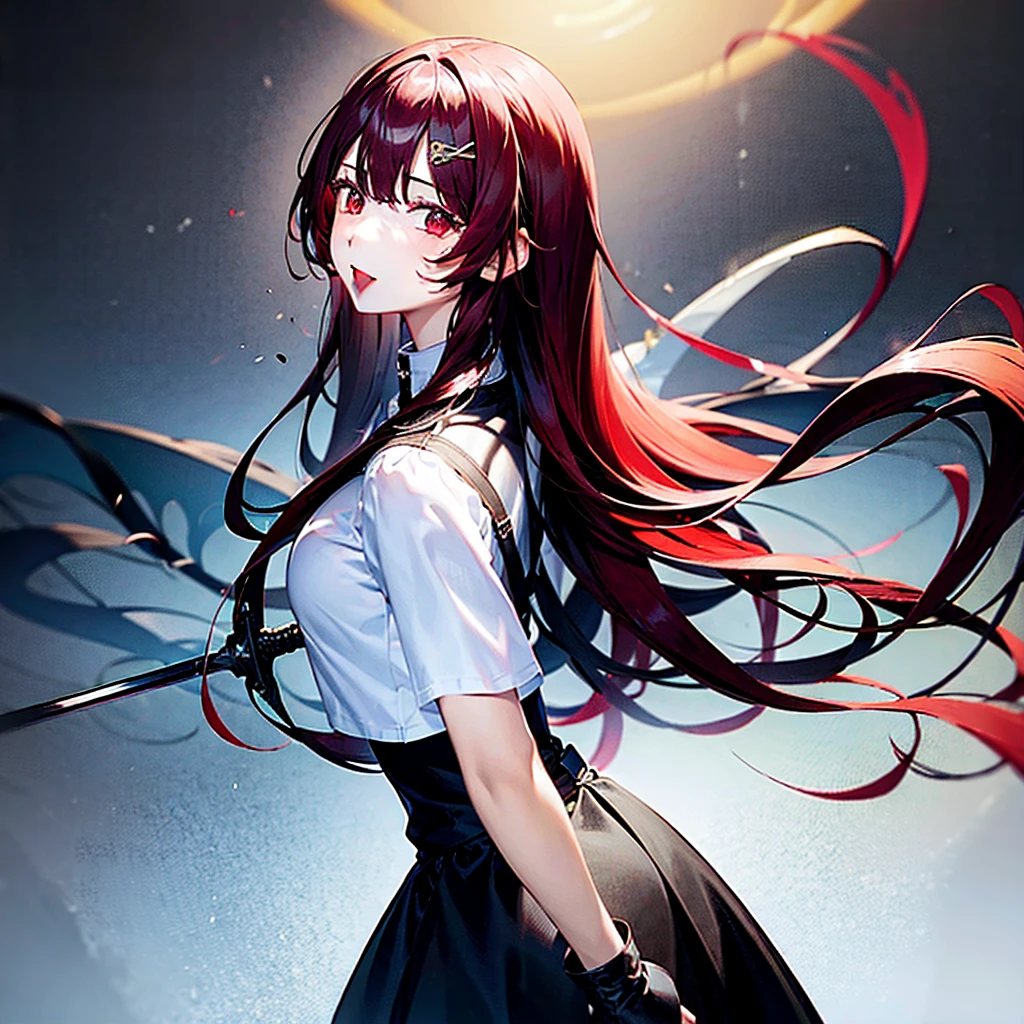 1 girl, long red hair, sword behind my back, long black skirt