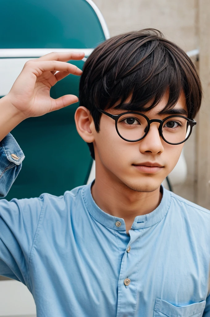 A simple boy with big round glasses, simple plane animated photo