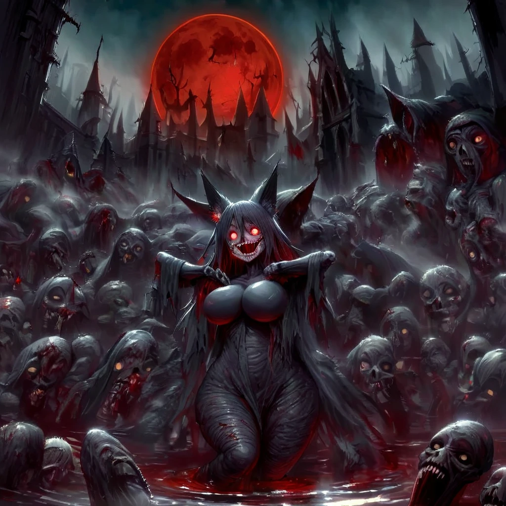 a beautiful detailed kitsune woman with long black fox ears and tails, glowing red eyes, highly detailed mature and curvy figure, large breasts, holding a towel, ruling over a blood lake with a huge red blood moon reflecting in a pond, surrounded by a burning catedral full of charred corpses, terrifying smile with glowing red eyes, body covered in dark sinister stains, (best colors,extreme detail description,professional,horror,fantasy