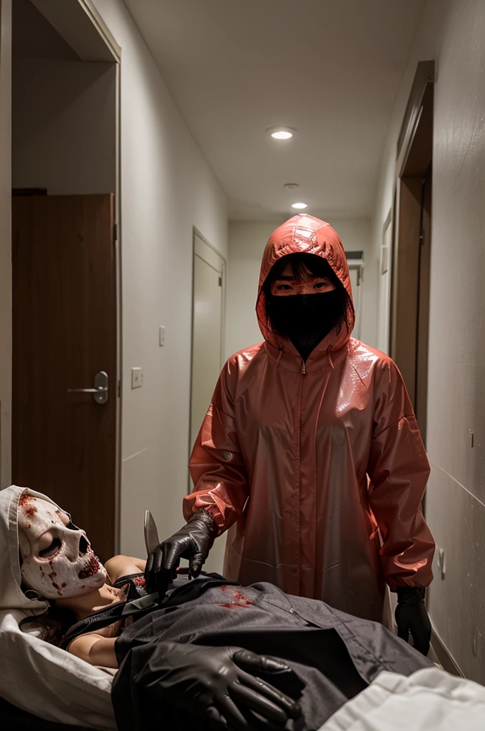 korean girl, (behind corpse, surgical mask), blood splatter, holding knife, stabbing, gloves, room full of blood, transparent raincoat, hood up, holding knife, gloves, behind corpse, ponytail, night, mass murderer, robbery, in the hotel,
