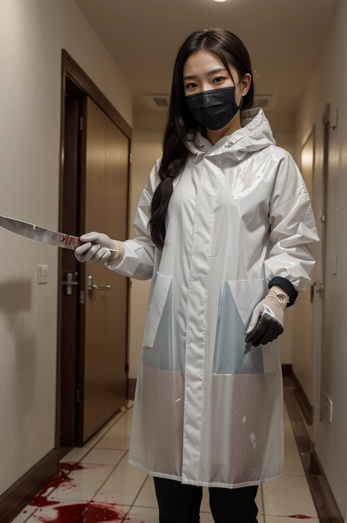 korean girl, (behind corpse, surgical mask), blood splatter, holding knife, stabbing, gloves, room full of blood, transparent raincoat, hood up, holding knife, gloves, behind corpse, ponytail, night, mass murderer, robbery, in the hotel,