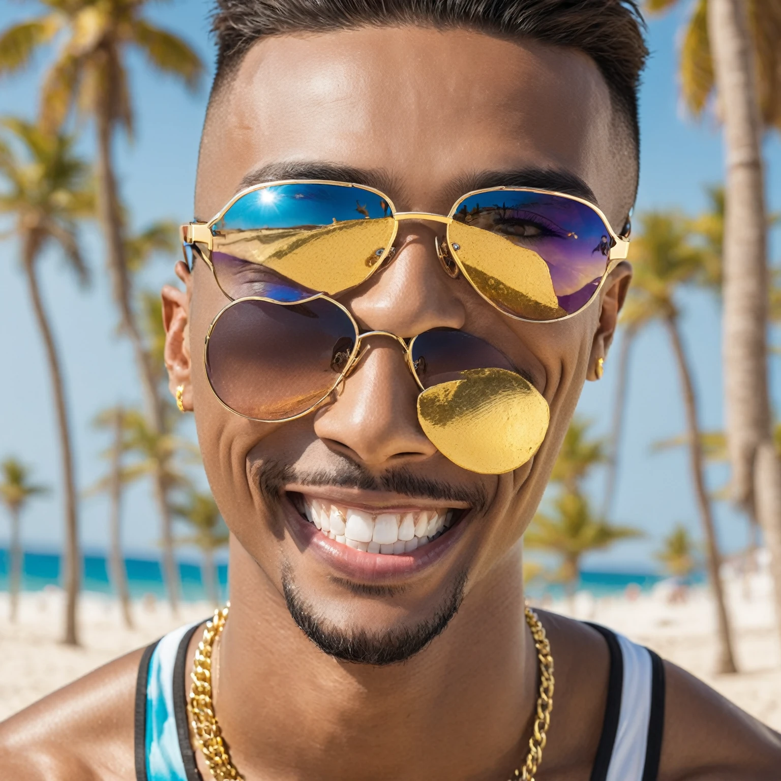 a man rapper with gold teeth sport glasses, beach volleyball background with 1 mouth ideal smile ideal head