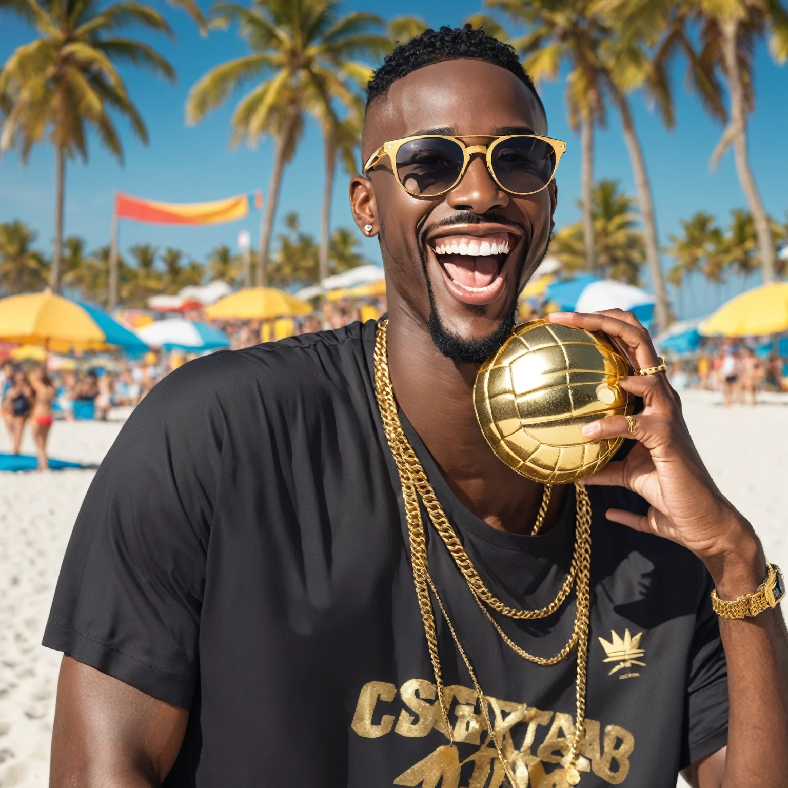 a man rapper with gold teeth sport glasses, beach volleyball background with 1 mouth ideal smile ideal head