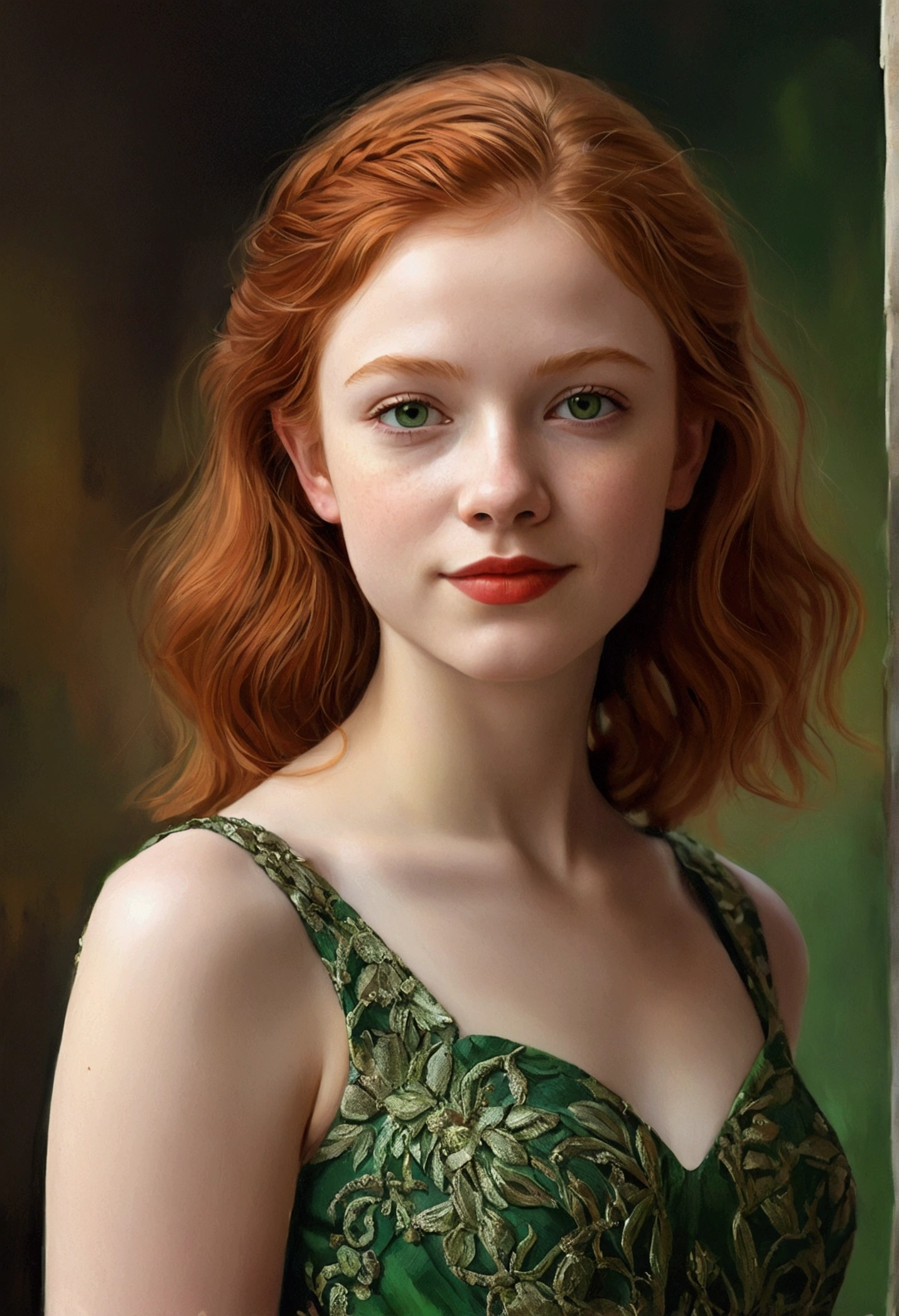 portrait of a beautiful teenager, small breasts, intricate dress, soft smile, red lips, ginger hair, green eyes, realism, digital painting, concept art, smooth, sharp focus, rule of thirds, Style-Psycho