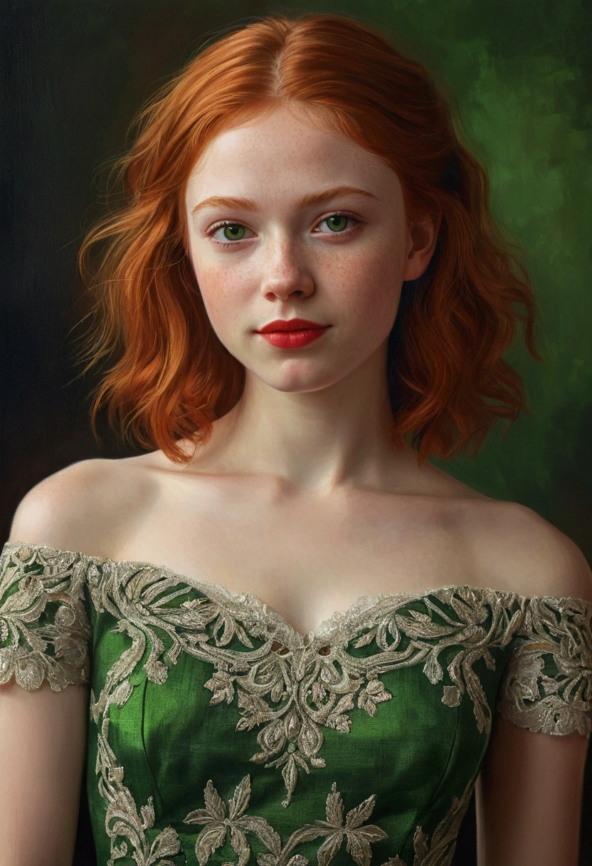 portrait of a beautiful teenager, small breasts, intricate dress, soft smile, red lips, ginger hair, green eyes, realism, digital painting, concept art, smooth, sharp focus, rule of thirds, Style-Psycho
