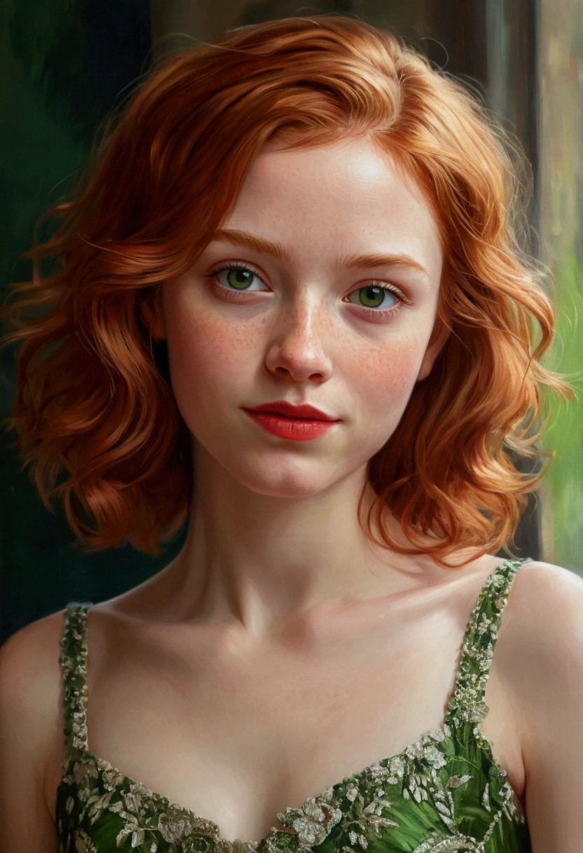portrait of a beautiful teenager, small breasts, intricate dress, soft smile, red lips, ginger hair, green eyes, realism, digital painting, concept art, smooth, sharp focus, rule of thirds, Style-Psycho
