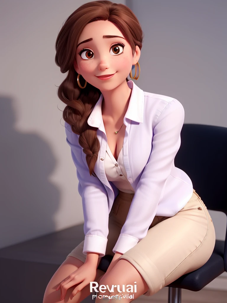 Imagine uma personagem feminina animada chamada Aurora Arruda. She is a successful Brazilian businesswoman aged around 28 with peach skin and slightly rosy cheeks.. Aurora has large, light brown eyes that are expressive and flanked by long eyelashes.. Her brown hair is wavy, voluminous and fall gracefully to just below the shoulders. Ela tem um nariz pequeno e arredondado, and wears medium gold hoop earrings. Aurora displays a friendly smile with medium lips highlighted by discreet pink lipstick. His posture is confident and professional, apresentando um produto. She wears a blue button-down shirt with sleeves rolled up to the elbow and dark blue high-waisted jeans., complementadas por um cinto marrom com fivela dourada. To represent Aurora in different scenarios, keep the essential features of your face and hair consistent. As roupas, accessories, e a postura devem ser alterados para se adequar ao contexto, while facial expressions should reflect the desired emotion or action.