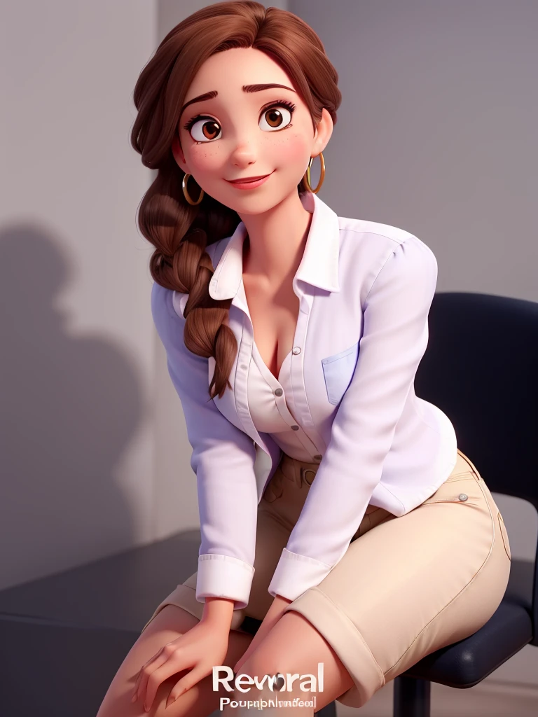 Imagine uma personagem feminina animada chamada Aurora Arruda. She is a successful Brazilian businesswoman aged around 28 with peach skin and slightly rosy cheeks.. Aurora has large, light brown eyes that are expressive and flanked by long eyelashes.. Her brown hair is wavy, voluminous and fall gracefully to just below the shoulders. Ela tem um nariz pequeno e arredondado, and wears medium gold hoop earrings. Aurora displays a friendly smile with medium lips highlighted by discreet pink lipstick. His posture is confident and professional, apresentando um produto. She wears a blue button-down shirt with sleeves rolled up to the elbow and dark blue high-waisted jeans., complementadas por um cinto marrom com fivela dourada. To represent Aurora in different scenarios, keep the essential features of your face and hair consistent. As roupas, accessories, e a postura devem ser alterados para se adequar ao contexto, while facial expressions should reflect the desired emotion or action.