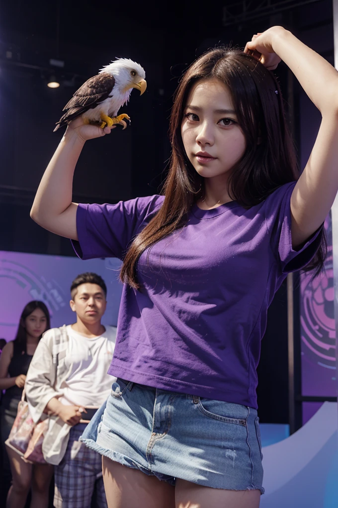 digital manhwa 3d park chaeyoung with a beautiful and funny holding an eagle with an epic purple background