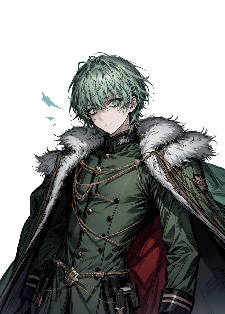 1boy ,blue-green hair, blue-green eyes, arctic military,polar, general, cape, fleece, nice clothes, (high resolution, high detail, best quality), sad