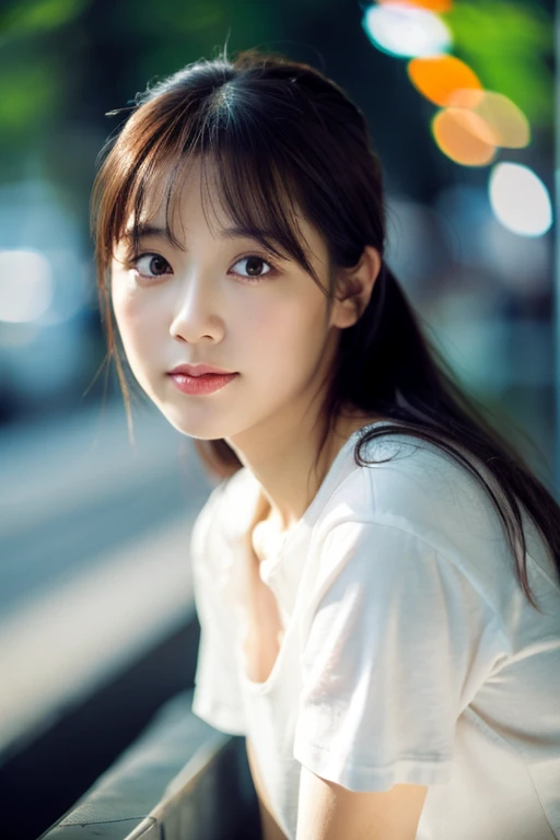 (8K, RAW photo, highest quality, High resolution:1.1), (hyperrealistic:1.4),(realistic, photorealistic:1.3), soft light,realistic face,realistic body,realistic skin,disorganized,masterpiece,(cute:1.8),(leaning forward:1.8),(From above:1.2),(close:1.4),crawl on all fours,throw,( Detailed white loose t-shirt:1.2),(Beautiful breasts:0.9),(long hair,ponytail),(big:1.2),cleavage,fine black eyes,innocent eyes,droopy eyes,Watery eye,open lips,blush,good style,cinema light,film Grain,close,look viewer,full Body,Depth of field, blurred background,Eye focus,young,85mm lens, f/ 1.4,professional lighting,portrait,photon mapping,radio city,Physically based rendering,Transparency,Day本の女の子,Day,Sunny,outdoor