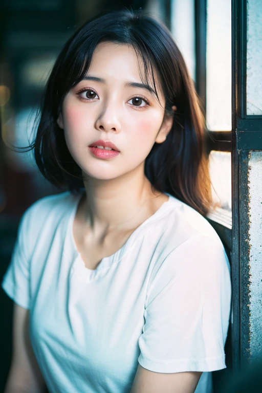 (8K, RAW photo, highest quality, High resolution:1.1), (hyperrealistic:1.4),(realistic, photorealistic:1.3), soft light,realistic face,realistic body,realistic skin,disorganized,masterpiece,(cute:1.8),(leaning forward:1.8),(From above:1.2),(close:1.4),crawl on all fours,throw,( Detailed white loose t-shirt:1.2),(Beautiful breasts:0.9),(long hair,ponytail),(big:1.2),cleavage,fine black eyes,innocent eyes,droopy eyes,Watery eye,open lips,blush,good style,cinema light,film Grain,close,look viewer,full Body,Depth of field, blurred background,Eye focus,young,85mm lens, f/ 1.4,professional lighting,portrait,photon mapping,radio city,Physically based rendering,Transparency,Day本の女の子,Day,Sunny,outdoor