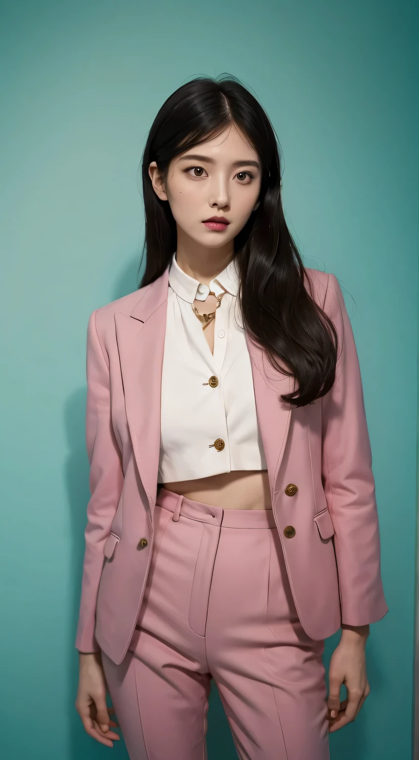Vogue Style Photoshoot, clarity, 4K, 8K, Detail, In fact, Beautiful girl, Wear a dark pastel blazer, underwear, pastel pants, black lips, dark long hair mullet haircut, perfect body, femur, stand, pose standing, medium chest, Wes Anderson Style, pastle color background in Wes Anderson Style