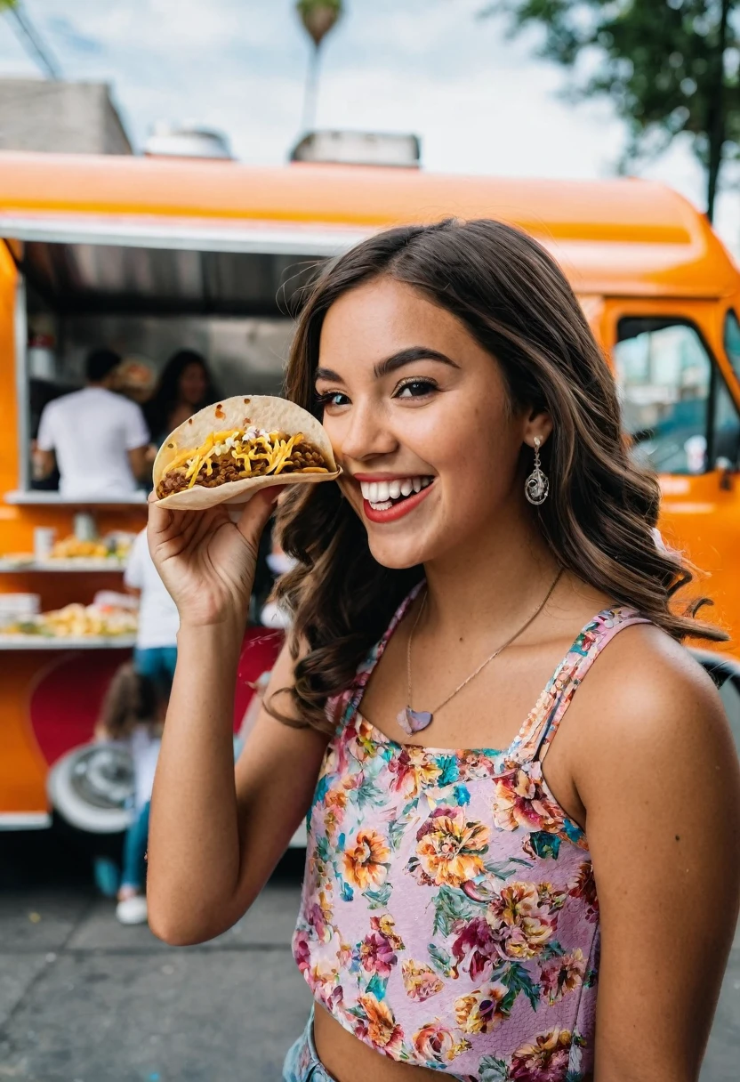 25-year-old American girl eating taco in front of a food truck . She is happy, Looking at the camera. Background: street side with full of crowd
