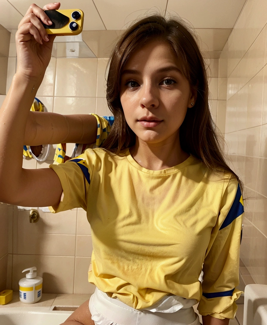 MuJer hermosa blanca, European white skin, Brown hair, in a yellow shirt taking a selfie, Colombian, Colombia,, 🔞🤡, 18 years, 8k)), J🚿🗝📝, muJer de 18 years, 4k post