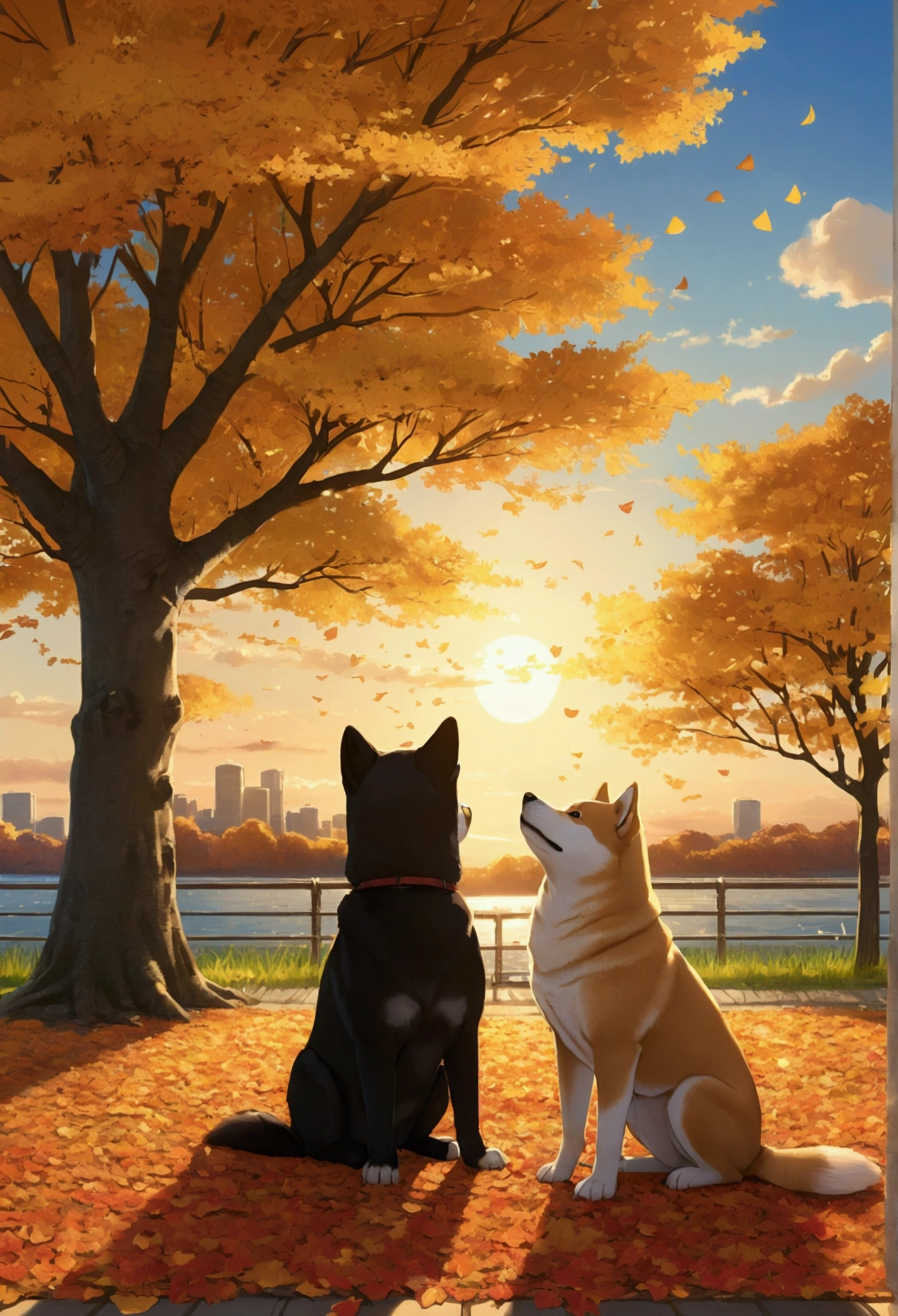 Makoto Shinkai Taste, Beautiful sunset sky, Shiba Inu puppy,Ginkgo tree in full bloom,Autumn leaves tree in full bloom,Scattered ginkgo leaves, Falling autumn leaves,Healing scenes, Wide angle、Makoto Shinkai Style

