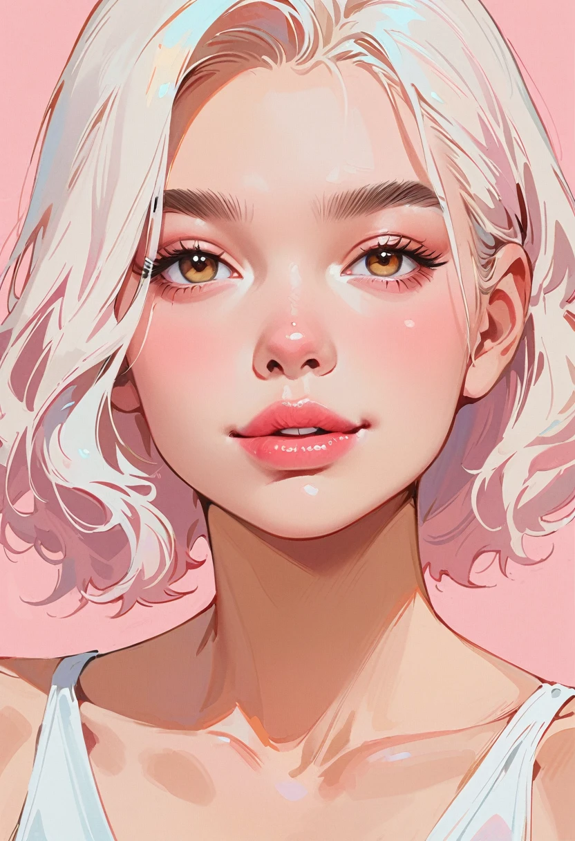 (masterpiece, best quality:1.2), 1 girl, solitary,Anime style,White hair, lips pink, Smile,Long blond hair, In the style of a top portrait painter, Pink background.