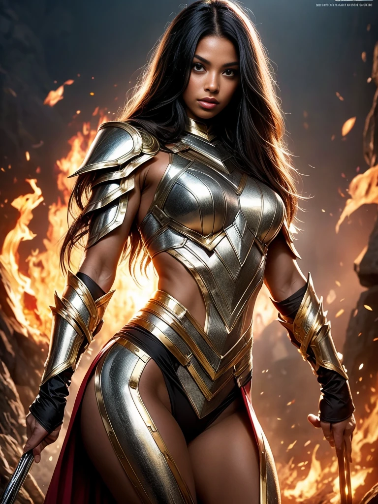 Ebony model as a Asgard,valkyrie,Upper Body shot,green eyes,long flowing black hair, fitness muscular woman, Senhora Cavaleiro,elaborate decorative silver battle armor,Anatomia correta, epic fantasy digital art, masterpiece,8k,high-definition resolution,desenho detalhado,Qualidade Superio, Epic composition, muscular body,fire breathing dragon background