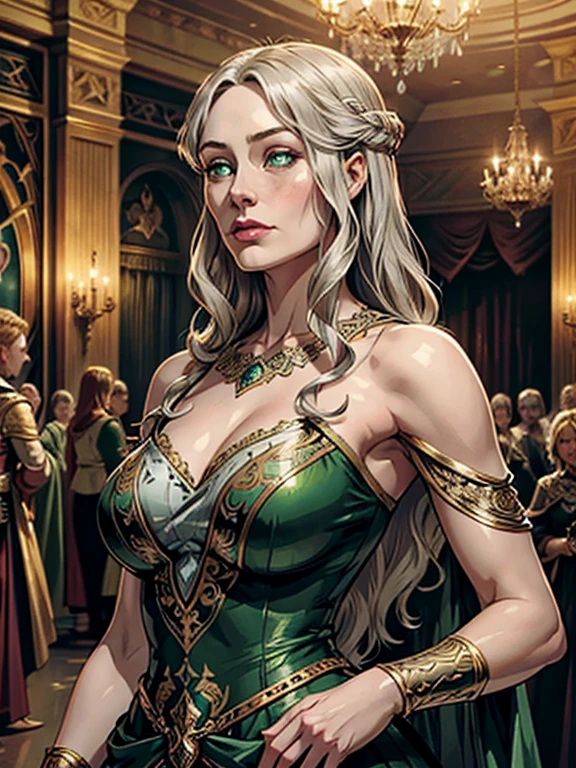 a beautiful woman in a long tight silver ball gown dress, Eowyn from the Lord of the Rings, exquisitely detailed portrait, detailed facial features, striking emerald green eyes, delicate facial structure, elegant hairstyle, dramatic ballroom setting with ornate chandeliers, luxurious interior, dramatic lighting, photorealistic, highly detailed, intricate fabric textures, shimmering satin, accentuating her figure, cinched waist, graceful pose, regal bearing, fantasy, digital art