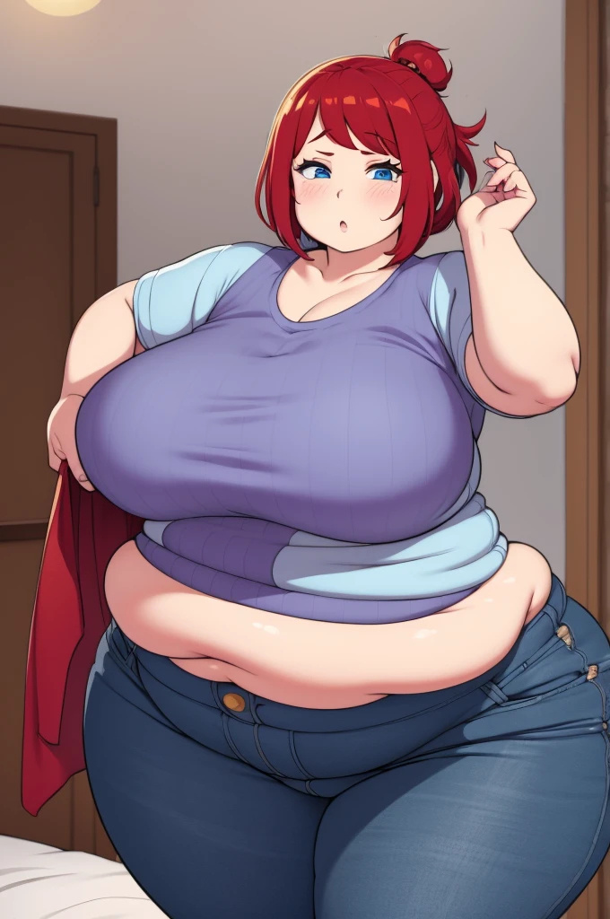 make redhaired ssbbw fat tired girl at home in too tight clothes