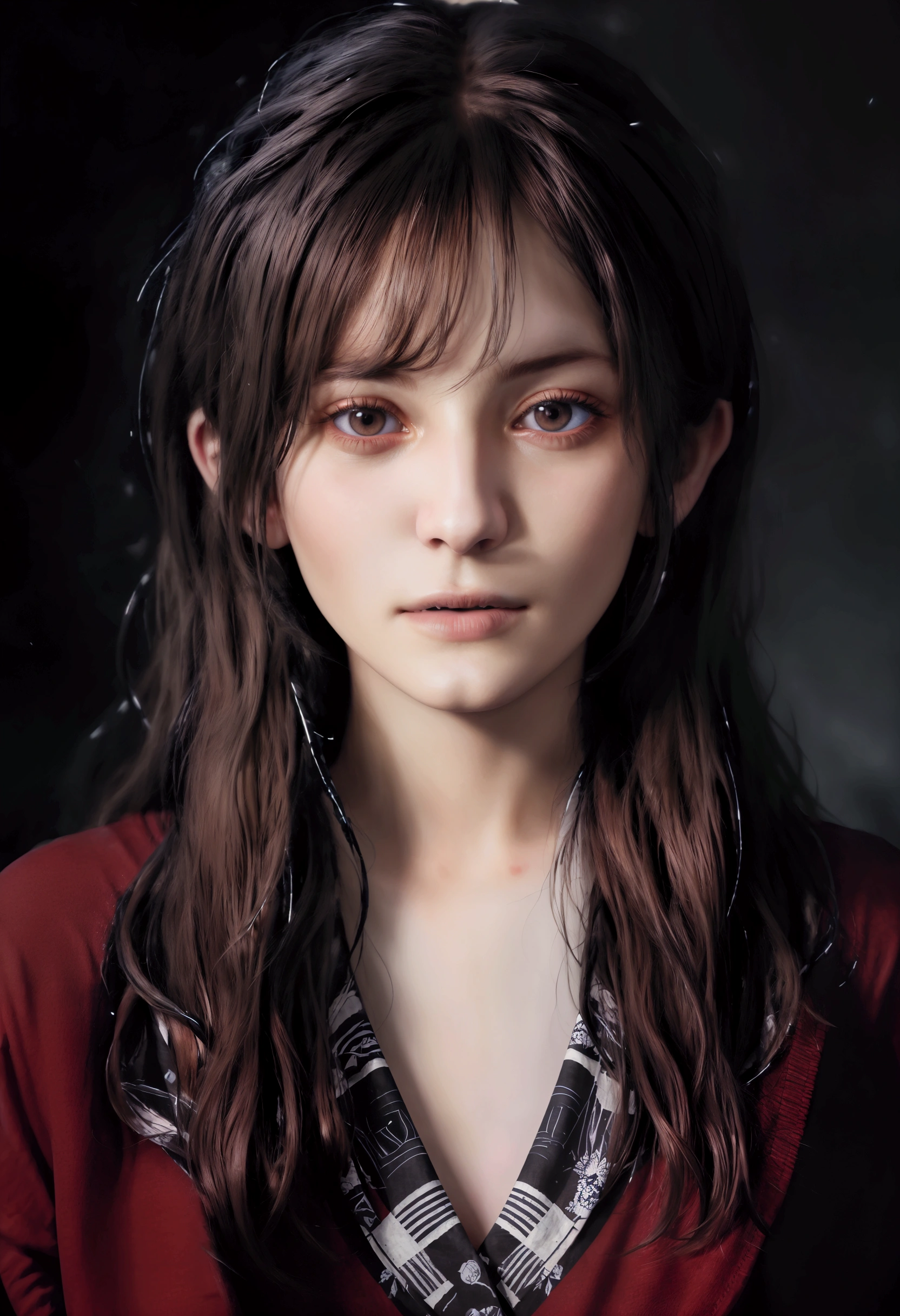 (front focus), (in the dark:1.6), Hyperrealist portrait of female by david hockney and alphonse mucha, fantasy art, photo realistic, dynamic lighting, artstation, poster, volumetric lighting, very detailed faces, 4 k, award winning, 1girl, in the dark, deep shadow, low key, cowboy shot, (official clothing:1.4), long hair, white hair