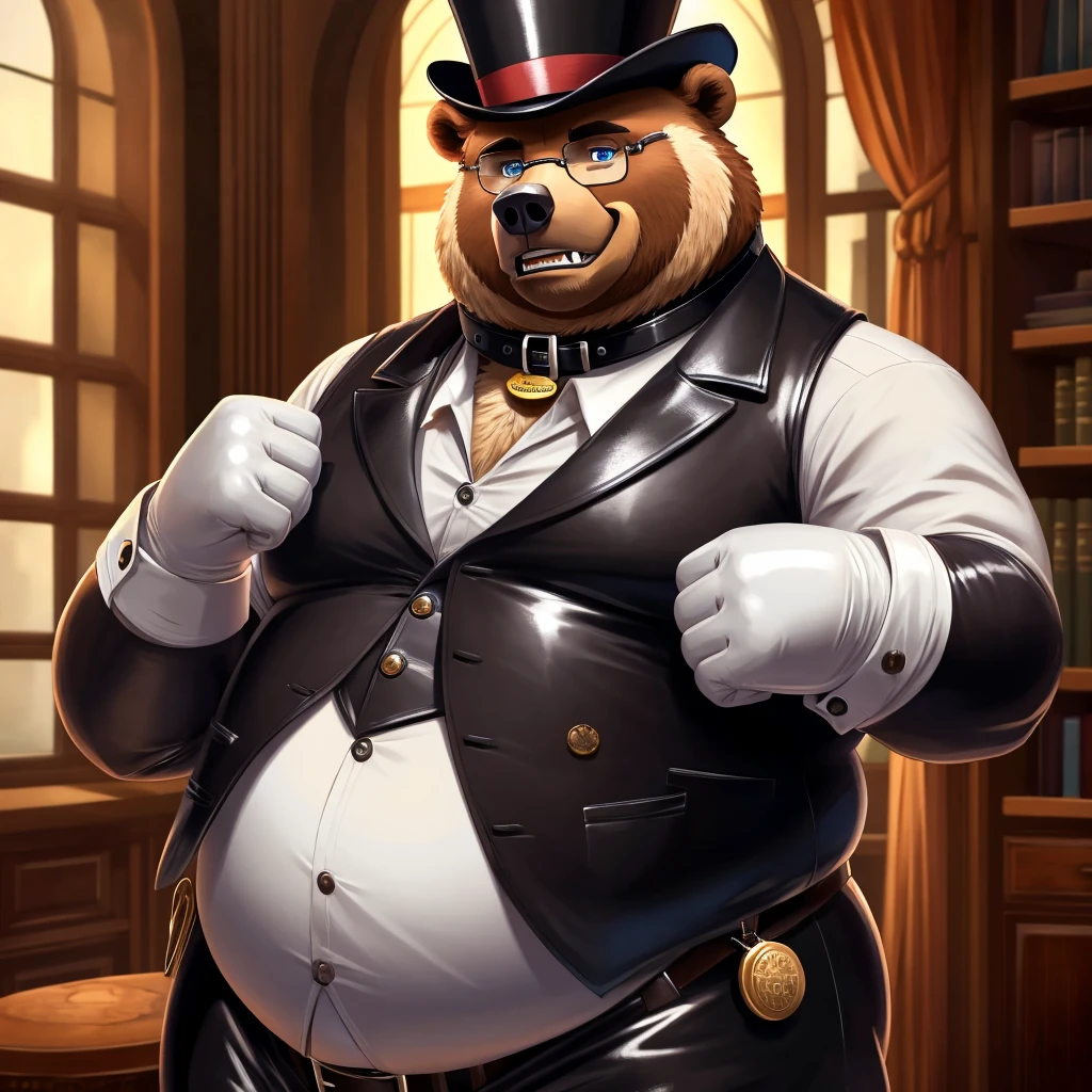 Solo, Male, fat, extremely obese, gentleman, dapper Professor Beartic, blue eyes, (posing:1.3), (soft shading), 4k, hi res, ((detailed face, detailed)), looking at viewer, mouth wide open, steampunk, collared shirt with buttons, top hat, male focus, Explorer Outfit, glasses, monocle, vest with buttons, sleeves rolled up, round eyewear, brown headwear, brown vest, Beartic is wearing a glossy leather dog collar around the neck, Beartic is wearing the leather collar and shirt and vest at the same time, Beartic is wearing glossy white rubber gloves on the hands, wearing white rubber gloves on the feet, gloves are rubber in texture, clenching teeth, clenching fists, leather collar is glossy and shiny with a lot of detail, Beartic is wearing gloves and leather collar at the same time, leather collar has a round dog-tag, leather collar is thick and detailed, leather collar is glossy and shiny, fancy clothing, dapper vest, dapper shirt, leather collar is thick, glossy leather collar.