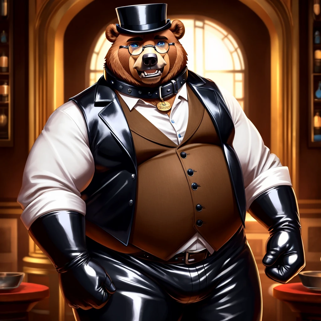 Solo, Male, fat, extremely obese, gentleman, dapper Professor Beartic, blue eyes, (posing:1.3), (soft shading), 4k, hi res, ((detailed face, detailed)), looking at viewer, mouth wide open, steampunk, collared shirt with buttons, top hat, male focus, Explorer Outfit, glasses, monocle, vest with buttons, sleeves rolled up, round eyewear, brown headwear, brown vest, Beartic is wearing a glossy leather dog collar around the neck, Beartic is wearing the leather collar and shirt and vest at the same time, Beartic is wearing glossy white rubber gloves on the hands, wearing white rubber gloves on the feet, gloves are rubber in texture, clenching teeth, clenching fists, leather collar is glossy and shiny with a lot of detail, Beartic is wearing gloves and leather collar at the same time, leather collar has a round dog-tag, leather collar is thick and detailed, leather collar is glossy and shiny, fancy clothing, dapper vest, dapper shirt, leather collar is thick, glossy leather collar.