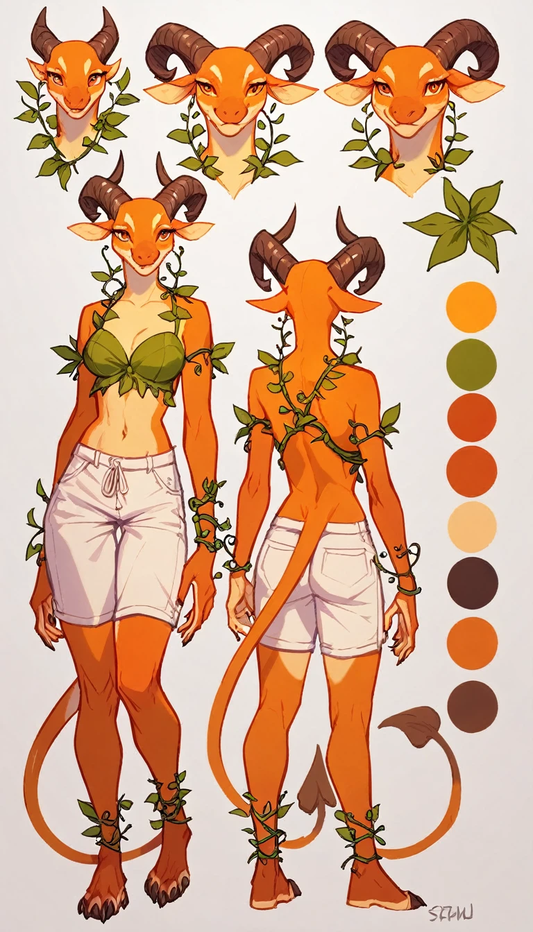 sketch (Character Design Sheet, Same characters, whole body, Three-species, Front, ~ ~ ~ side, Come back),(Very bright:1.1), White background, [1 girl:7], (tilted his head:1.2), ([sketch|watercolor \(Temperate\)]:1.15),whole body, Yellow medieval summer girl, concept, vines on the hand and horns from the vines, full length, whole body, magic hunter, White shorts, SFV