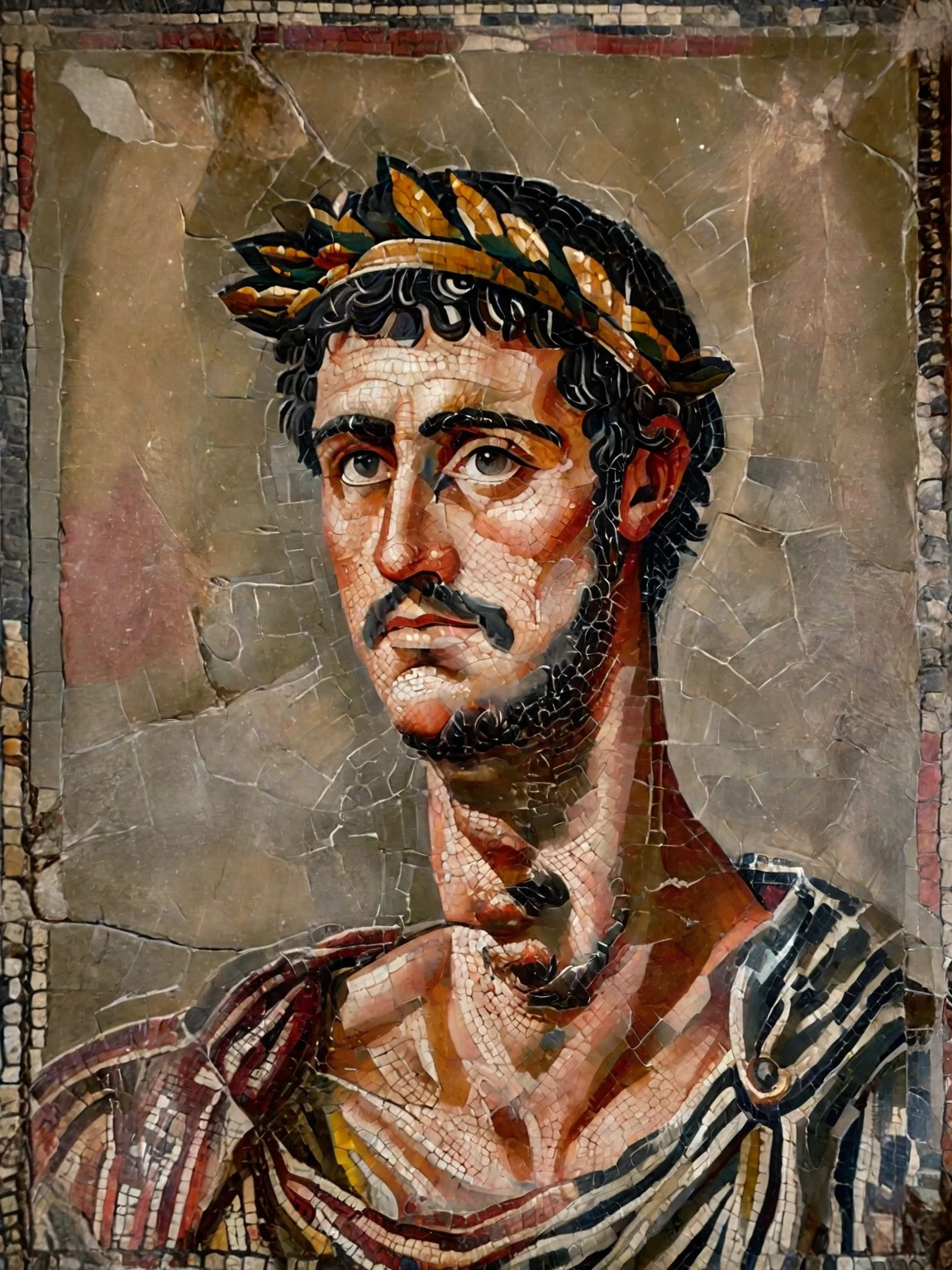 a close up of a painting of a man with a crown on his head, ancient roman painting, inspired by Pietro Testa, ancient rome man, young greek man, neoclassical portrait, portrait of achilles, portrait of hades, fayum portrait, painting of a man, portrait of a male warrior, inspired by Nicomachus of Thebes