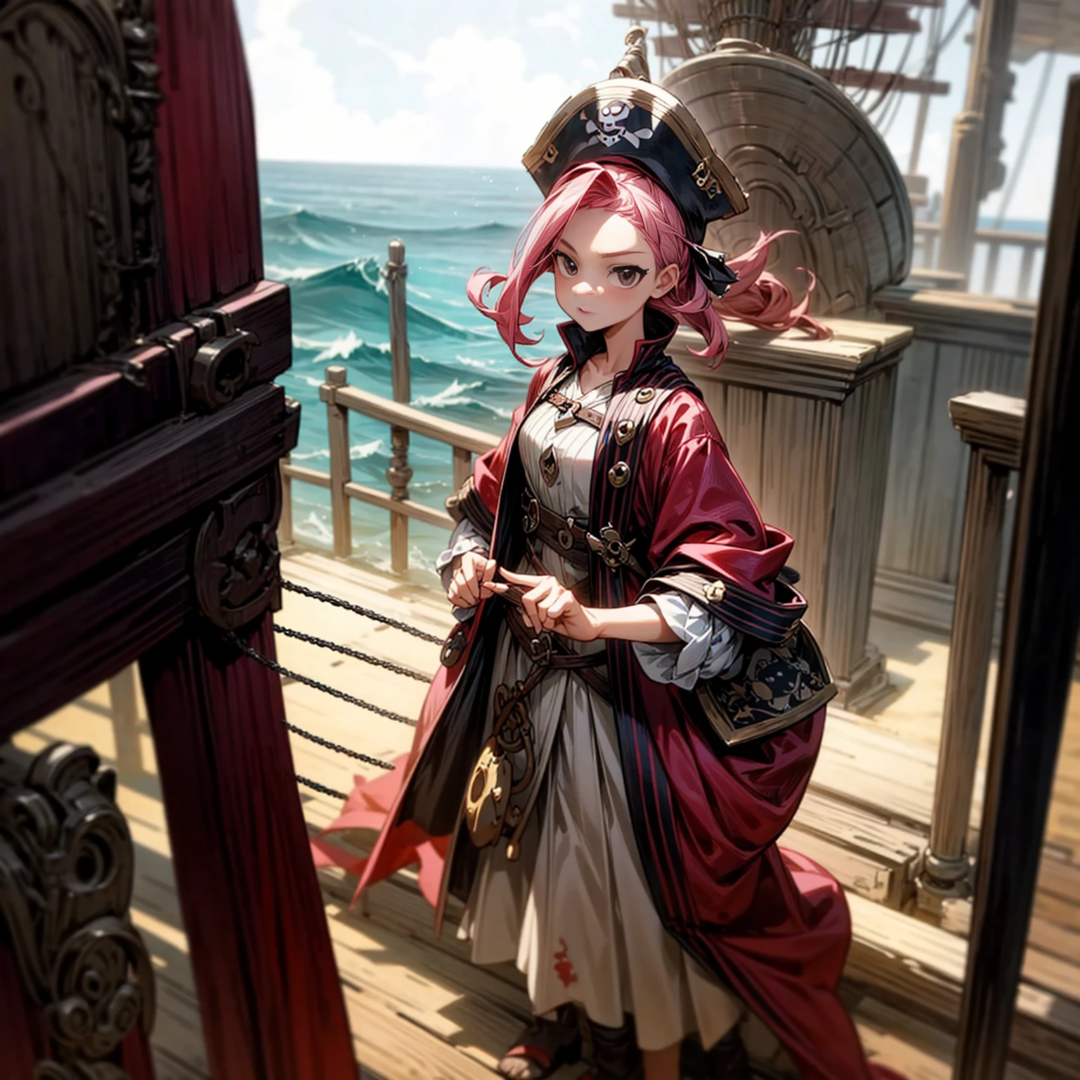 1girl, Full body version, 1character, girl version, black eyes, long Curly haircut, pink colour hair, ancient pirate style clothing, red colour clothing, Grassroots, background in the ship, motion blur, (pokemon style), standing gesture, pirate hat,