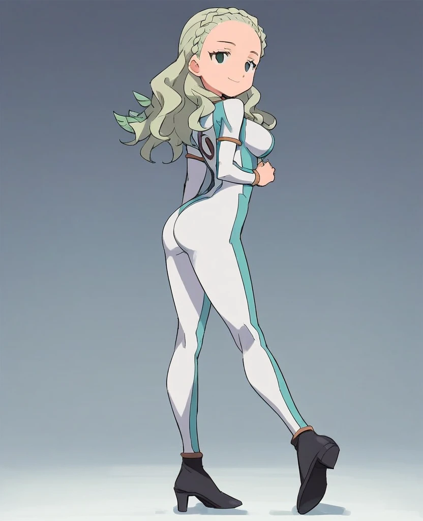best quality,ultra detailed,looking at viewer,solo,score_9, score_8_up, score_7_up, score_6_up, score_5_up, score_4_up, source_anime, 1girl, guel, grey eyes, braid, empty eyes, green hair, long hair, large breasts,standing,(behind view,portrait),full body, face, smile, bodysuit, no shoes, wearing black heels, dark aura, big ass, muscle, full body, long legs, ass view