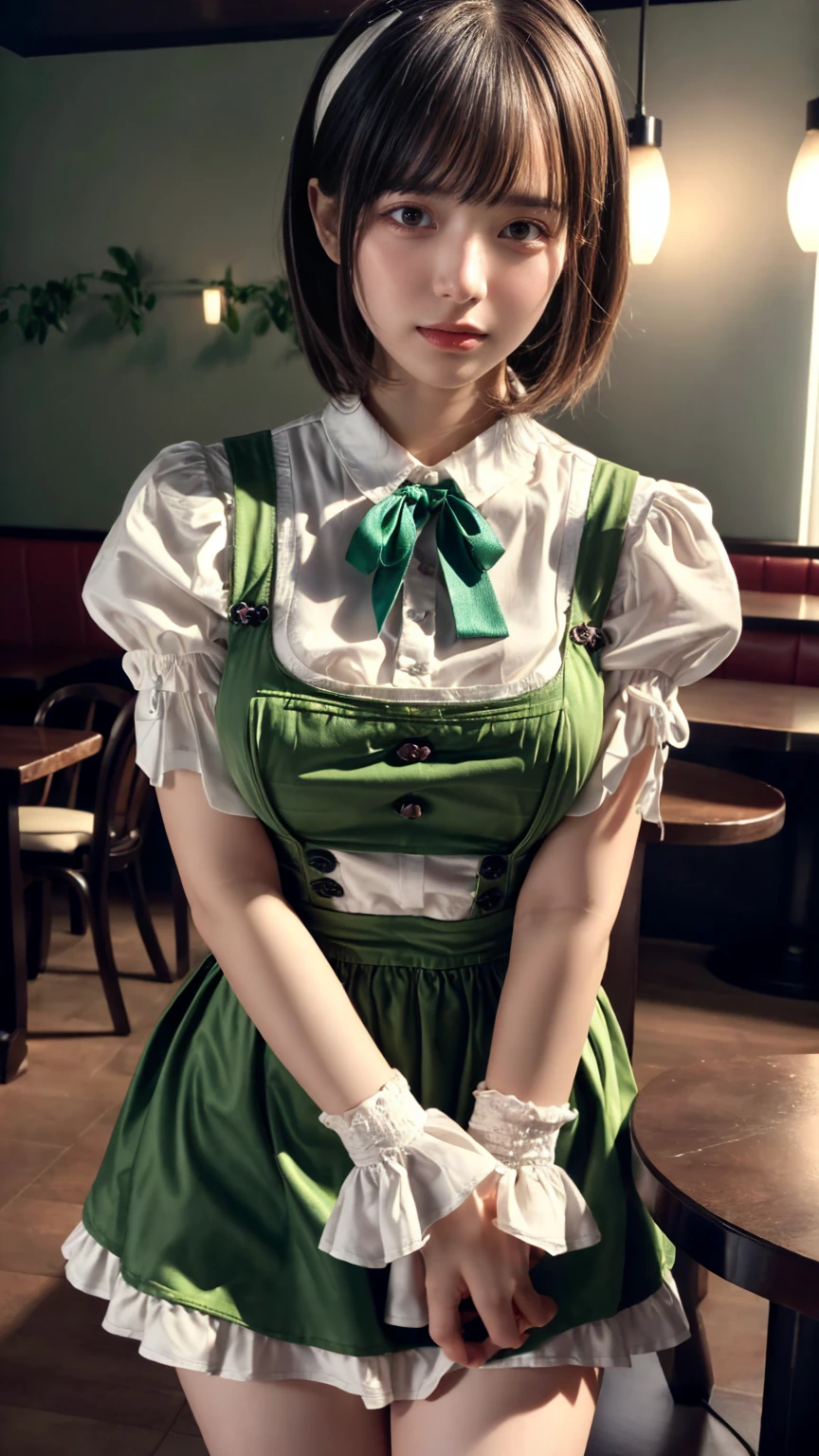 (absurdres:1.3), (highres:1.3), (ultra detailed:1.3),(1girl:1.3), (extremely detailed CG unity 8k wallpaper:1.3), (detailed skin texture, detailed cloth texture, detailed hair texture), (beautiful detailed face, supermodel, pale skin, realistic glistening skin), (RAW photo, best quality), (realistic, photo-realistic:1.4), masterpiece, extremely delicate and beautiful,Amazing, finely detail, extremely detailed CG unity 8k wallpaper, huge filesize, ultra-detailed, highres, absurdres, soft light,rim light, vibrant details, hotel room, short bob hair, (large breasts:1.2), black hair color, Big Natural Color Lip, (perfect body shape), beautiful legs, BREAK (fusion of dirndl and short sleeve white collared-shirt with neck ribbon:1.4), ((A-line, underboobs, puff sleeves):1.3), ((deep-green Pinafore):1.3), thighs skin, Restaurant, Serving customers inside the restaurant. crying a little、 Harajuku style、20 year old girl、cute type、lolita、