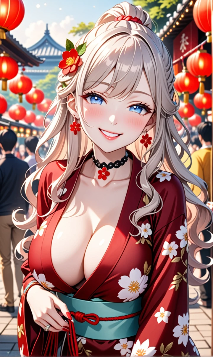 ultra-detailed, ((one girl)), (pale skin:1.4), in pastel colors gyaru, (heavy makeup), (professional lighting) hyper detailed, absurdres, 8K, Beautiful Face, (Laugh shyly), ((teasing smile:1.8)), ((Wink:1.7)), (Laugh with your mouth wide open),((Tilt your face:1.6)), View your viewers, ((Bright red cheeks:1.6)),Glossy Red Lips, ((huge breast:1.4)), ((undressing:1.2)), (nipple), noon, Shrine festival stalls, ((Anime style background)),masterpiece, Highest quality, so beautiful,Latest, Complex details, (Pink long nails), (nail art), (ring),(bracelet), (Floral Choker),AI-generated, Complex,High resolution, Highest quality, super high quality,3D Images、3D Images,One person,Pastel silver long hair,(High Ponytail), (wavy hair:1.3), Pastel anime woman posing for a photo, ((Fine grain、blue eyes、glowing eyes:1.4)), (Squint your eyes:1.1), (one eye closed:1.4), a hyperRealistic , hyperRealistic , Realistic,Anime woman with long pastel white hair, Smooth anime CG art, A girl in a gorgeous black kimono, ((Black long-sleeved kimono)),(Large red floral pattern), Golden embroidery, (sideboob), Long flower hair ornament,Floral Earrings, Mature Body, tall,Narrow waist, ((from side:1.2)), ((leaning forward)), ((upper body)),