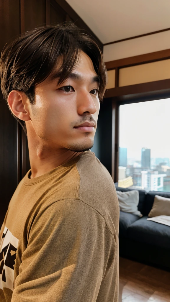 Brown hair, brown eyes, a guy named brian, shard jawline, living room scenery, male, Japanese mixed Korean type eyes, side view, dlim nose, dim lips, 4k