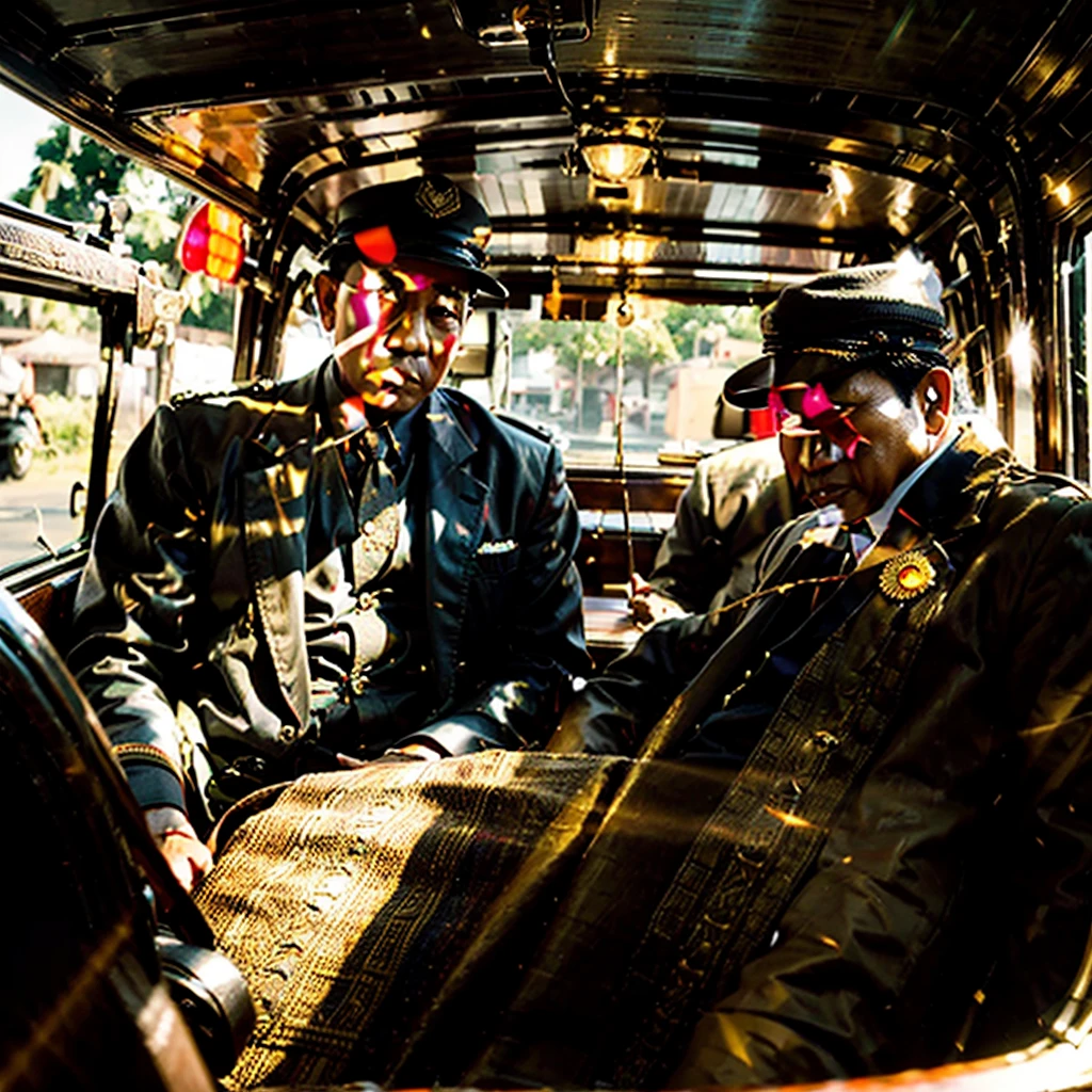A charismatic Bung Karno and Bung Hatta, the Indonesian Proclamators, riding in an antique car, hyperrealistic, cinematic lighting, golden hour, dramatic shadows, highly detailed, photorealistic, 8k, best quality, masterpiece, award winning, studio lighting, physically-based rendering, extreme detail description, vivid colors, intricate details, dramatic angles, cinematic composition