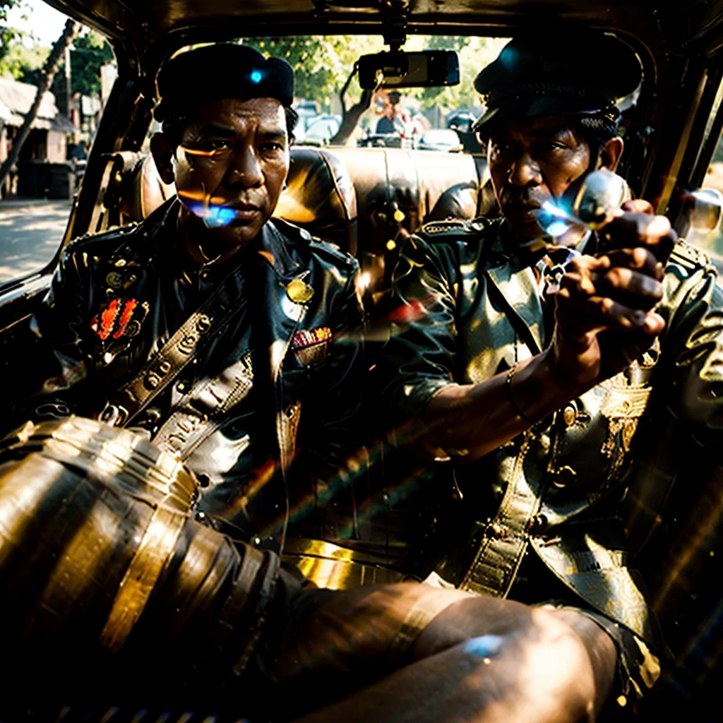 A charismatic Bung Karno and Bung Hatta, the Indonesian Proclamators, riding in an antique car, hyperrealistic, cinematic lighting, golden hour, dramatic shadows, highly detailed, photorealistic, 8k, best quality, masterpiece, award winning, studio lighting, physically-based rendering, extreme detail description, vivid colors, intricate details, dramatic angles, cinematic composition