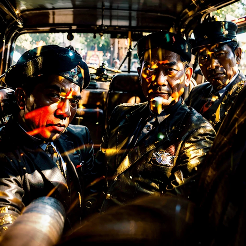 A charismatic Bung Karno and Bung Hatta, the Indonesian Proclamators, riding in an antique car, hyperrealistic, cinematic lighting, golden hour, dramatic shadows, highly detailed, photorealistic, 8k, best quality, masterpiece, award winning, studio lighting, physically-based rendering, extreme detail description, vivid colors, intricate details, dramatic angles, cinematic composition