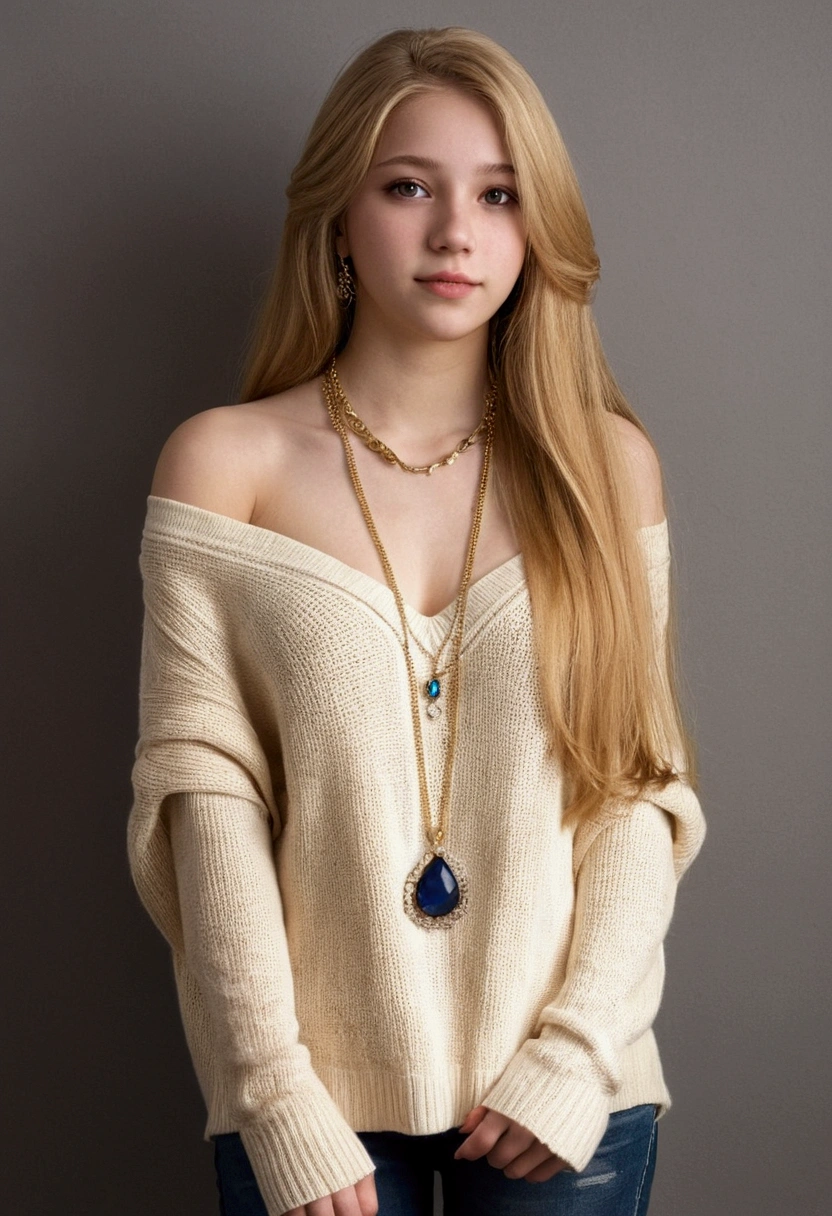 1 girl in, 19 years old, bare, Longhaire, Colossal , Look to viewer, blond hair, blue colored eyes, jewels, the whole body, a necklace, off the shoulders, Sweaters, realisitic, back view