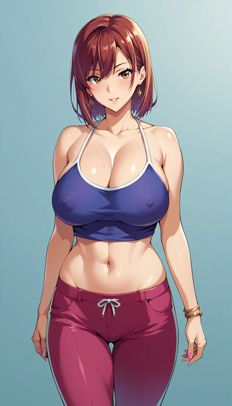 (masterpiece, Highest quality, Super detailed, High resolution, Fine grain), takeda hiromitsu style, 1 Female(40 years old), Large Breasts, Voluptuous body, View your viewers, Cowboy Shot, Are standing, Casual clothing, compensate,Long Side Blade