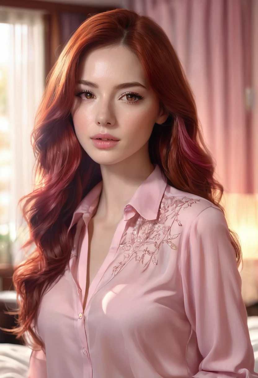 1 woman, inside a modern bedroom, wearing a light pink blouse, detailed facial features, detailed female reddish brown eyes, detailed fair skin, long red hair, soft lighting, soft expression on face, warm cinematic composition, luminous atmosphere, face charming, chin, and delicate, beautiful and feminine girl, 20s (best quality, 4K, 8K, high resolution, art: 1.2), ultra-detailed, (realistic, photorealistic, photorealistic: 1.37)