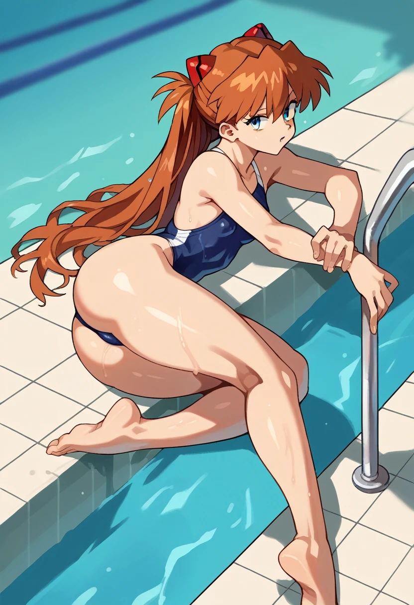 score_9, score_8_up, score_7_up, score_6_up, score_5_up, score_4_up, (source_anime), 1girl, neon genesis evangellion,( asuka langley soryu, small breasts, big Thighs, puffy nipples), far, full body, Swimming pool ,Revealing the breasts, Swimsuit, Wet, school, ass focus