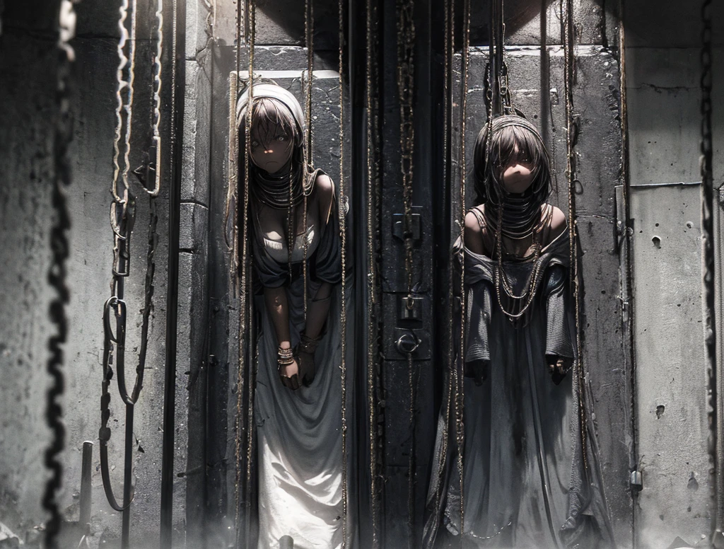 In the underground prison (scene)
Where the female slaves are kept... They are tied in ropes and chains on their neck
(The background should be gloomy, dark, and the slaves all females are dirty, like from the steets with sad eyes and torned clothing)