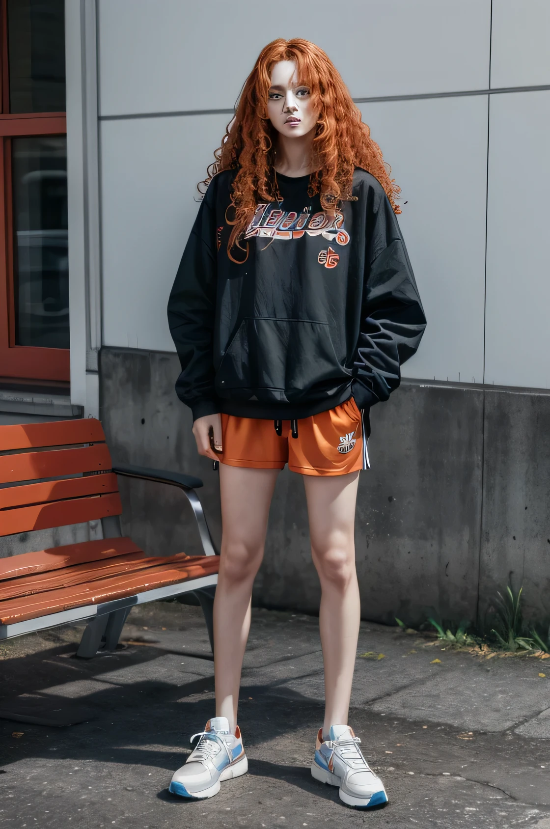 a human ,long orange curly hair ,blue eye ,Red and black clothes ,light blue sneakers and accessories.