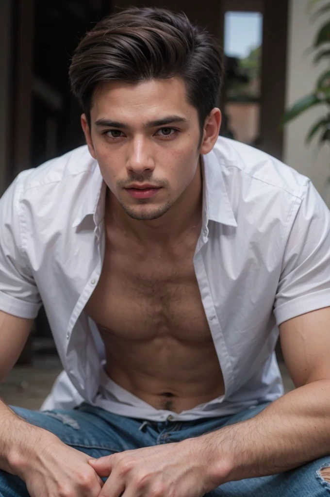 Boy with open shirt buttons