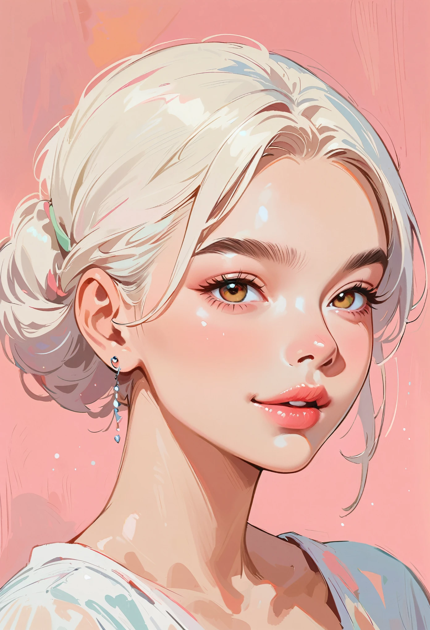 (masterpiece, best quality:1.2), 1 girl, solitary，Anime style，White hair, lips pink, Smile，Long blond hair, In the style of a top portrait painter, Pink background.